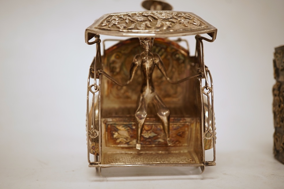 A Yogya 835 standard white metal model of figure and rickshaw, length 12cm, together with a Chinese metal box and cover.